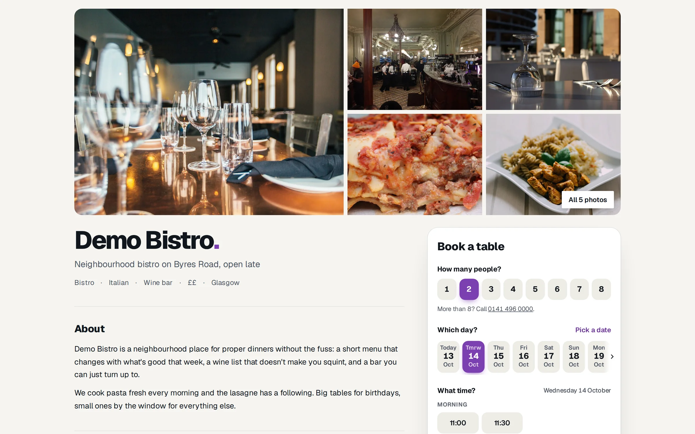 A Seated venue page: photos, the venue's name and tagline, and a Book a table card